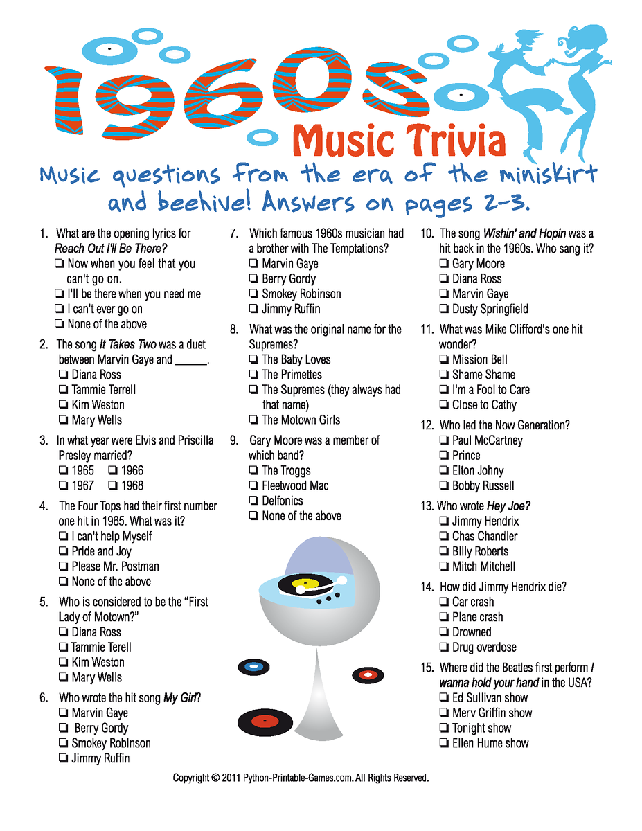1960s Music Trivia Game 60th Birthday Game 60th Birthday Party 1960s Music Trivia Game 60th Birthday Game 60th Birthday Party