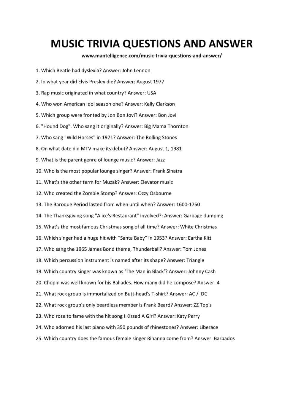 Printable Music Quiz Questions And Answers Printable Music