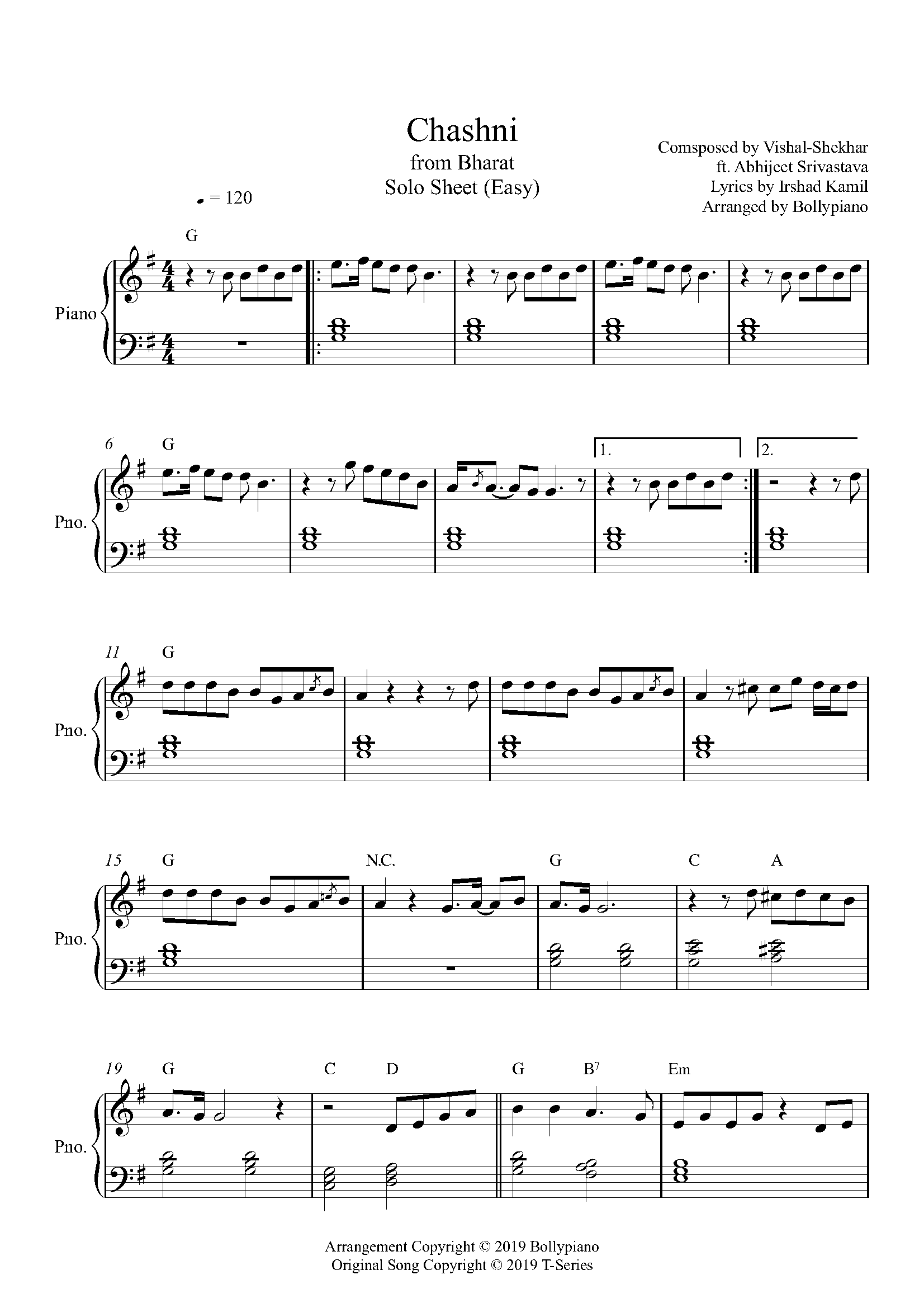 Chashni Easy Piano Notes Vishal Shekhar Sheet Music PDF Sheet Chashni Easy Piano Notes Vishal Shekhar Sheet Music PDF Sheet