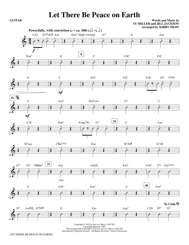 Let There Be Peace On Earth Guitar Sheet Music Kirby Shaw Choral 