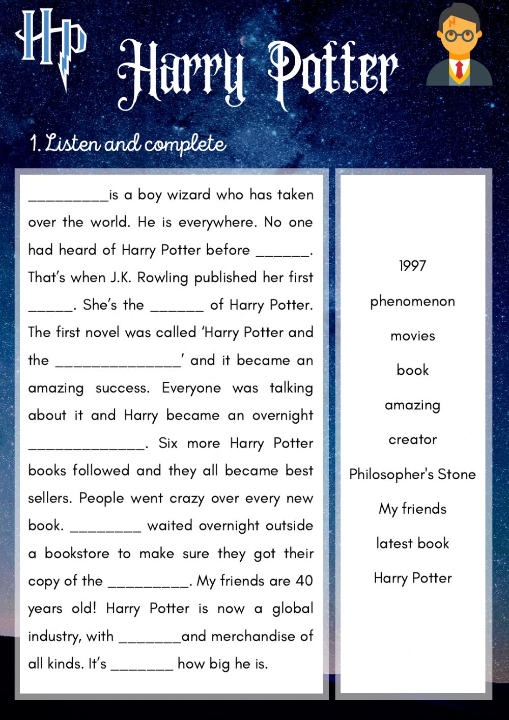 Listening Harry Potter Worksheet Listening Harry Potter Worksheet